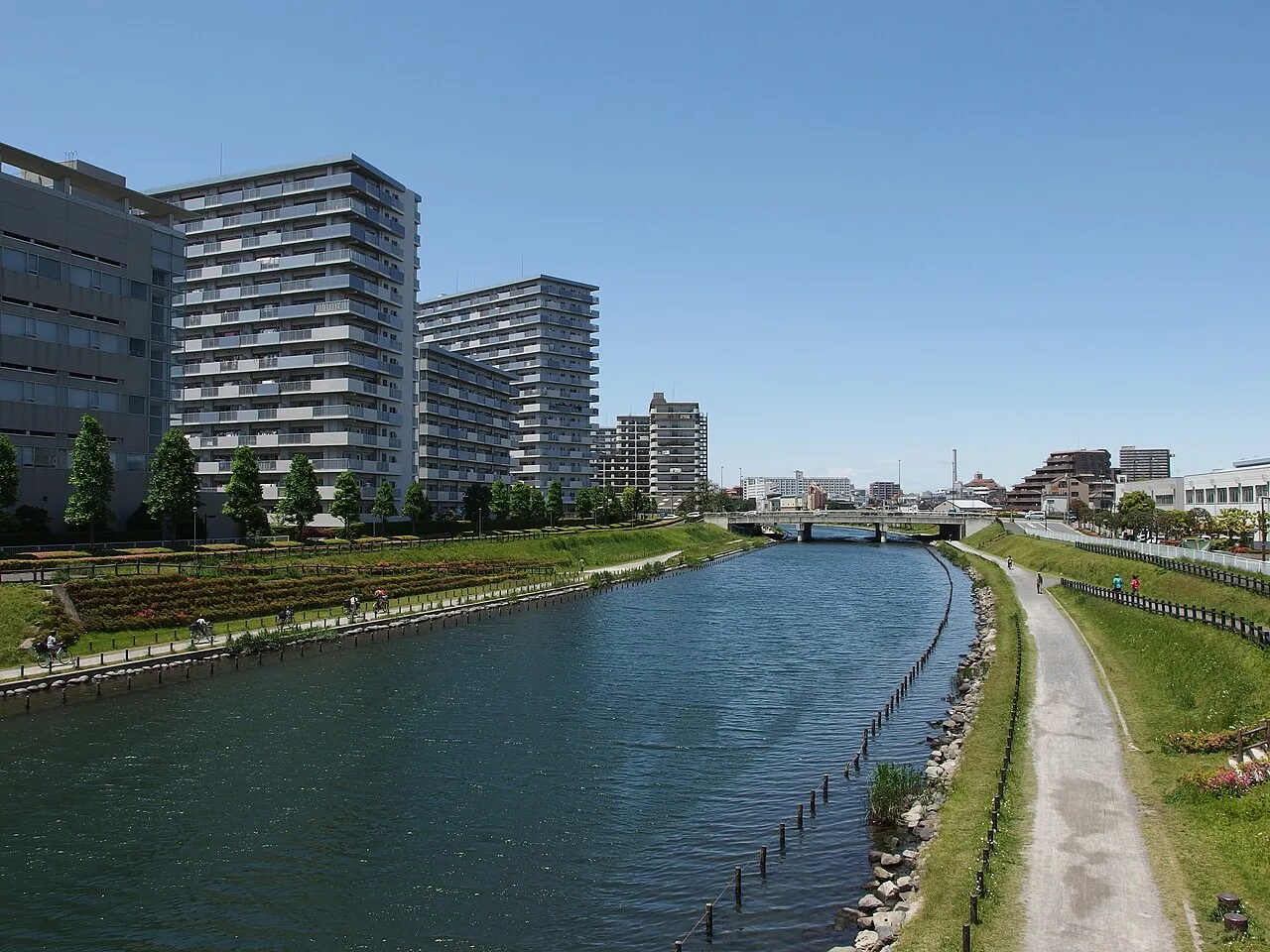 The calm Old Nakagawa River and green riverbanks in eastern Tokyo