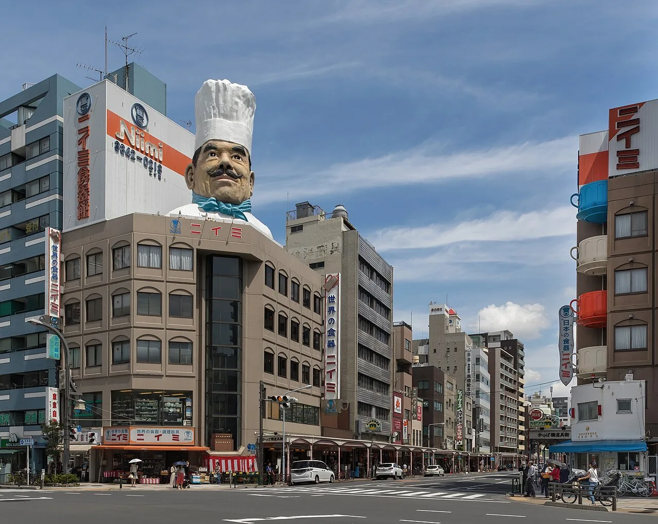 The southern end of Kappabashi Dougu Street in Taito City on a sunny morning