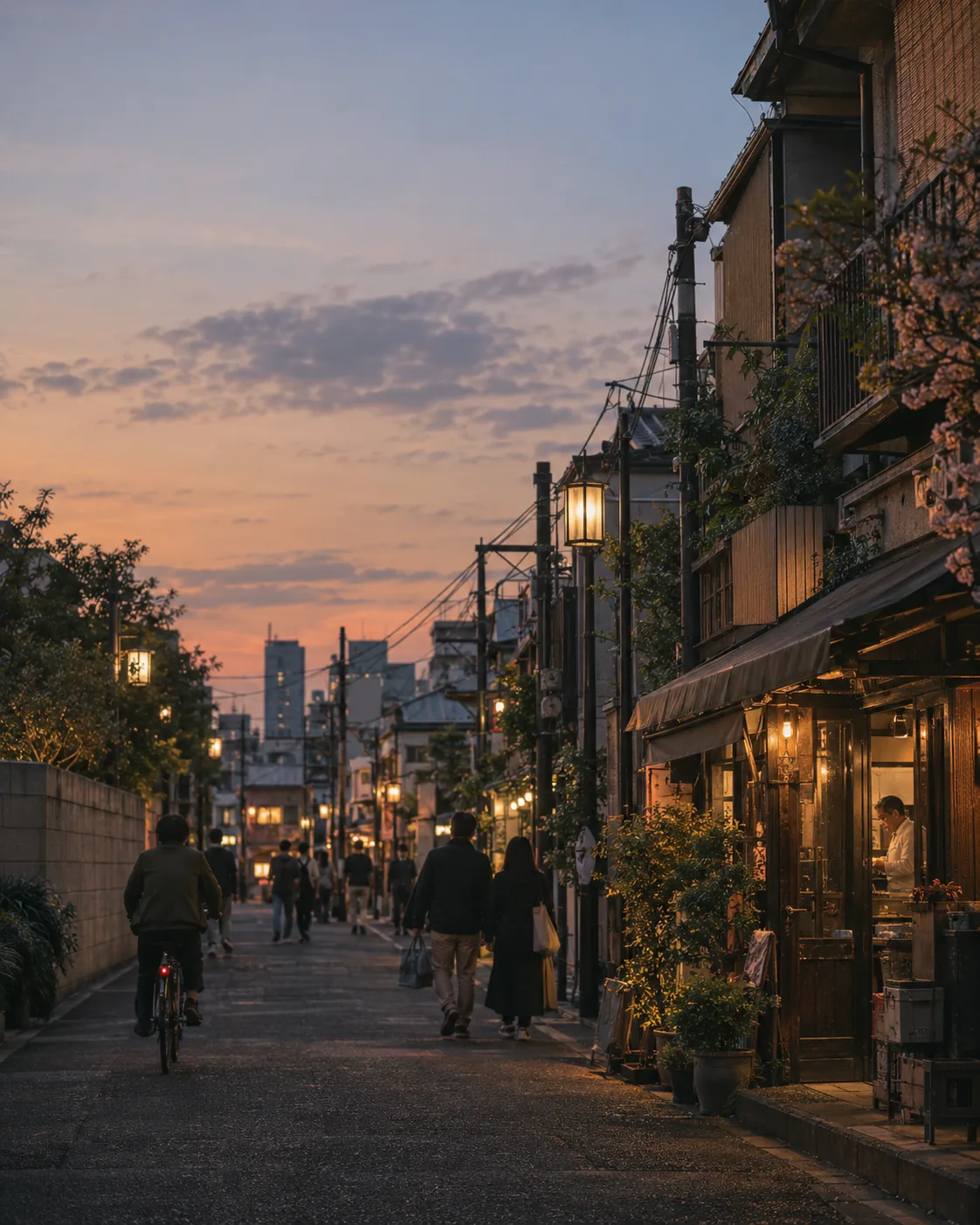 A local Japanese neighborhood at dusk