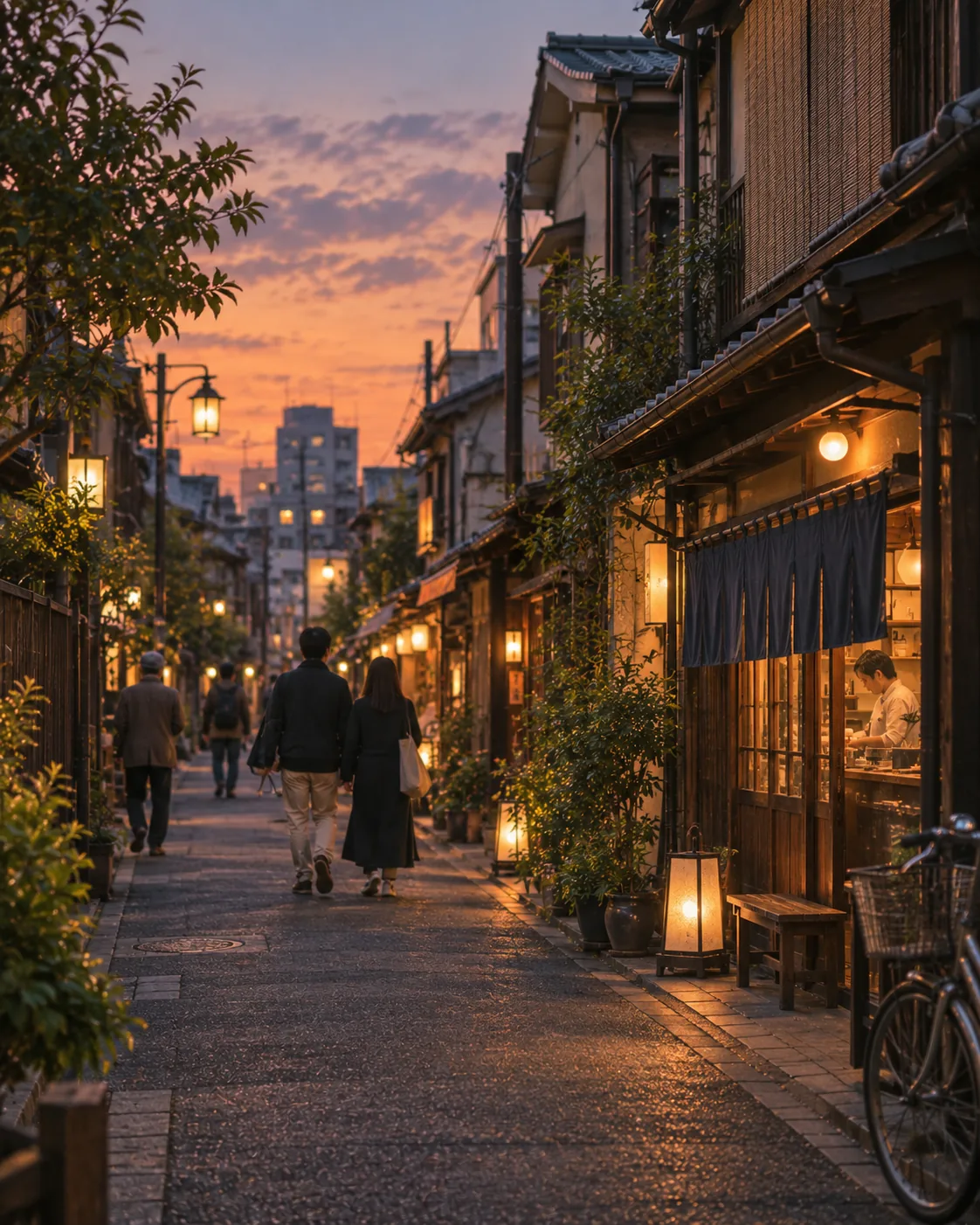 A quiet local Tokyo street at sunset