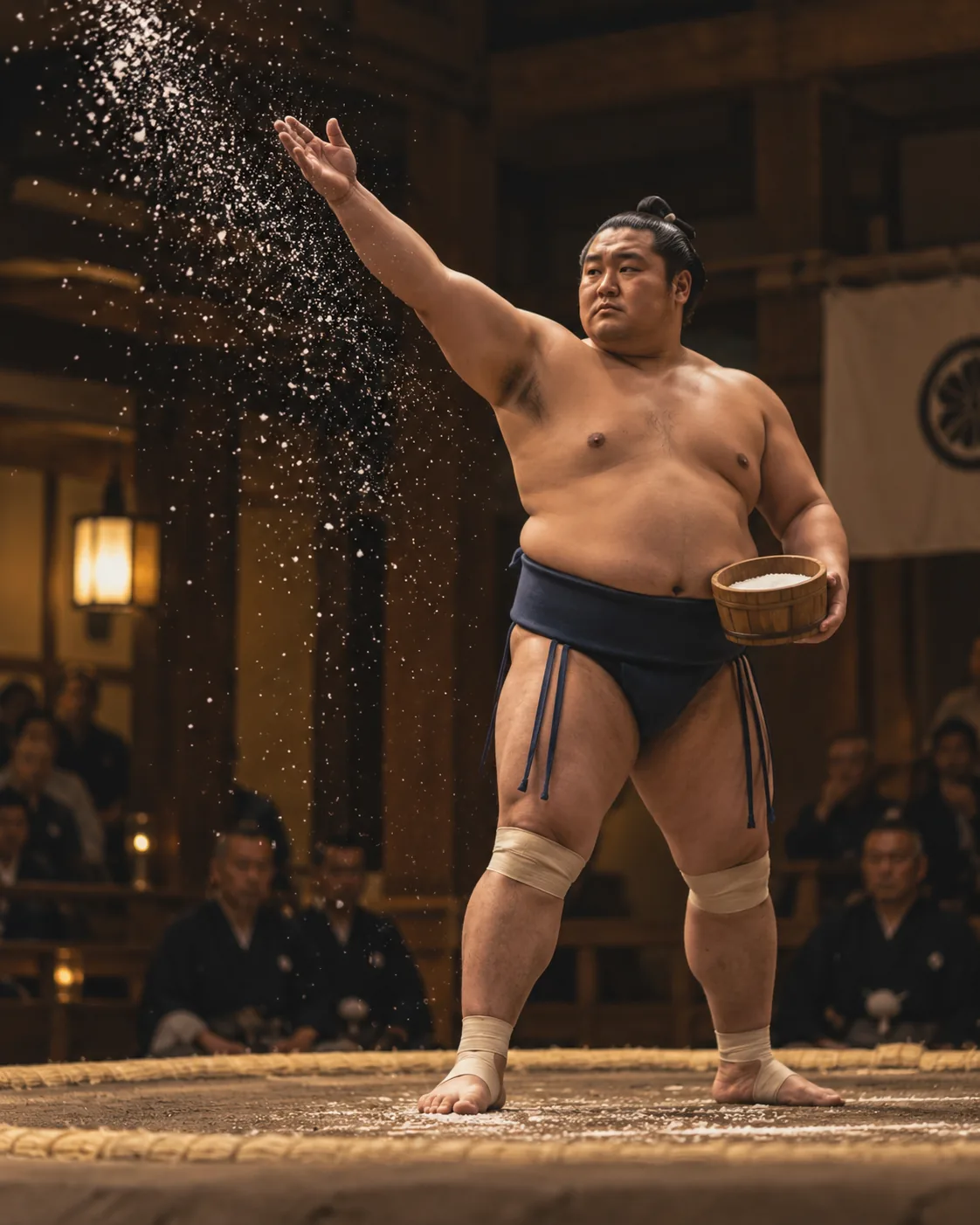 A sumo wrestler throwing salt before a match