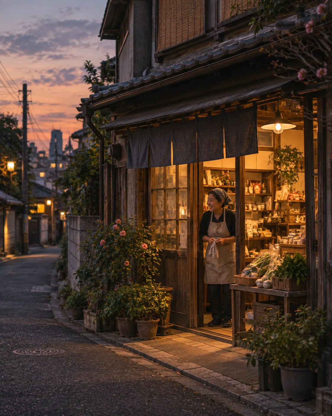 A small family-run Japanese shop at sunset