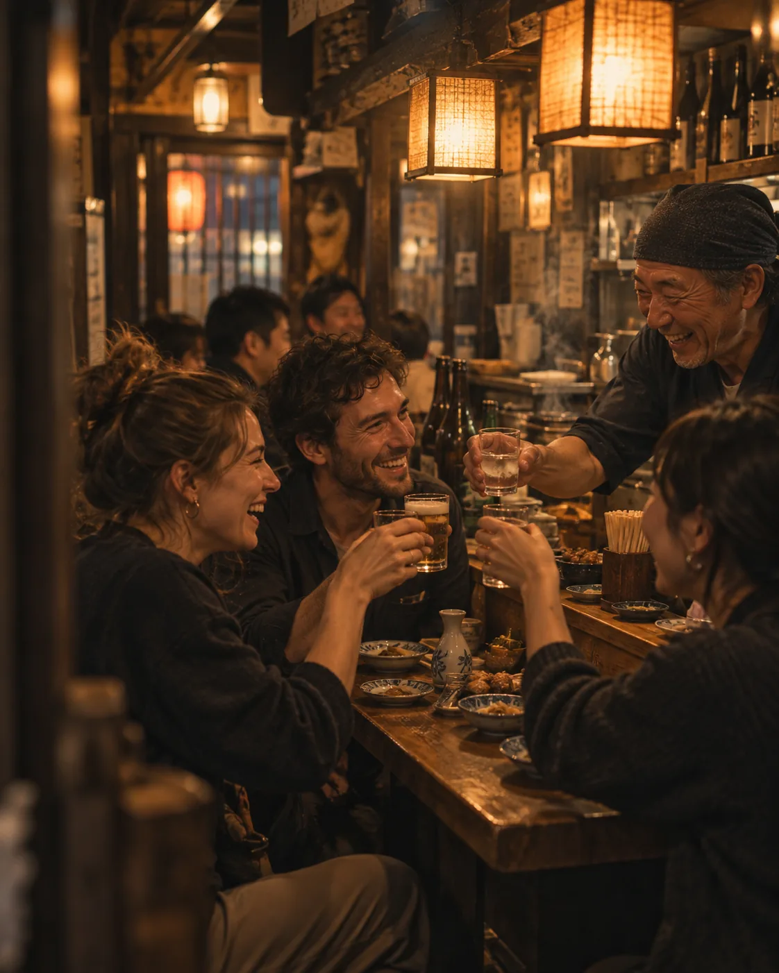 Travelers sharing drinks with locals in a small Japanese izakaya