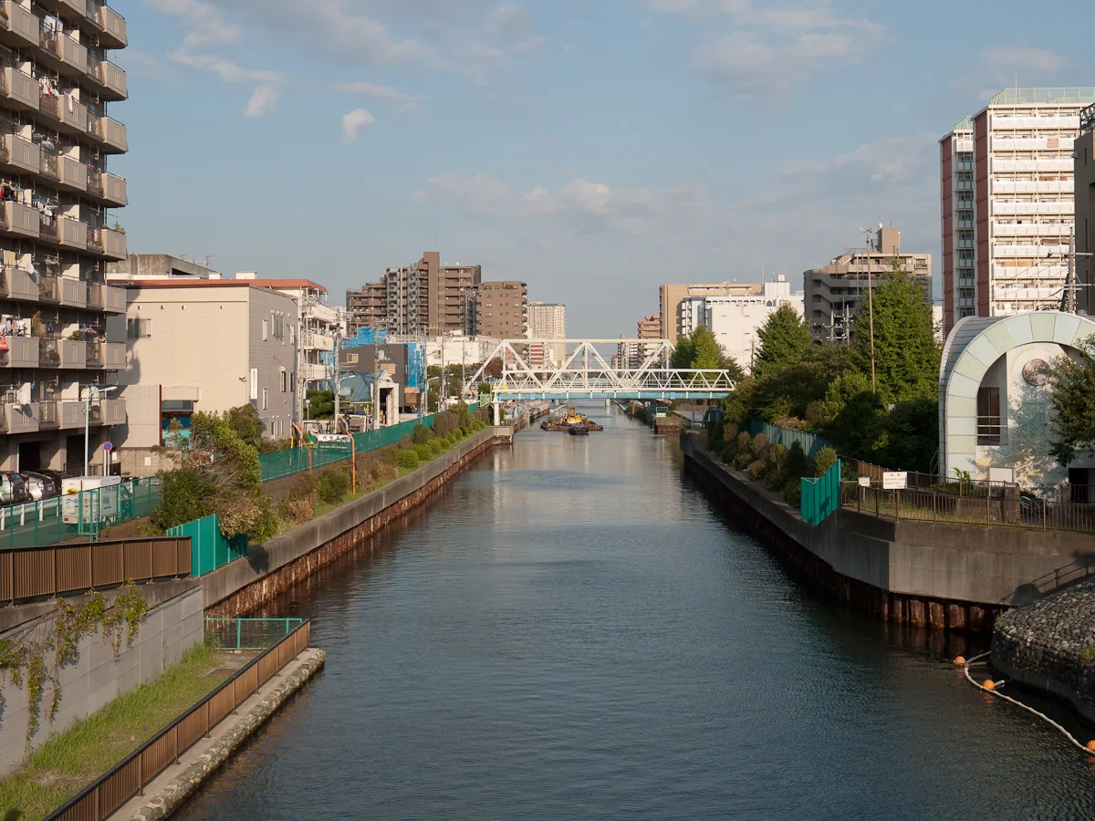 The Onagi River flowing through residential Koto City in Tokyo