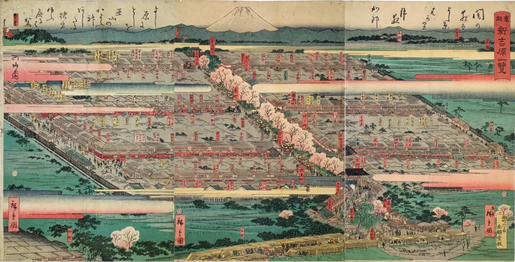 View of Shin-Yoshiwara, July 1860, by Utagawa Hiroshige II. Collection of the Ota Memorial Museum of Art; via Wikimedia Commons / Public domain